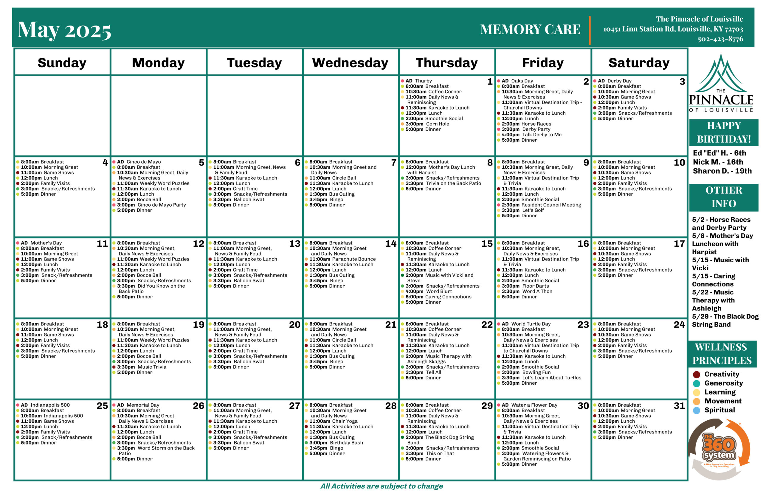The Pinnacle of Louisville - Memory Care - Events Calendar