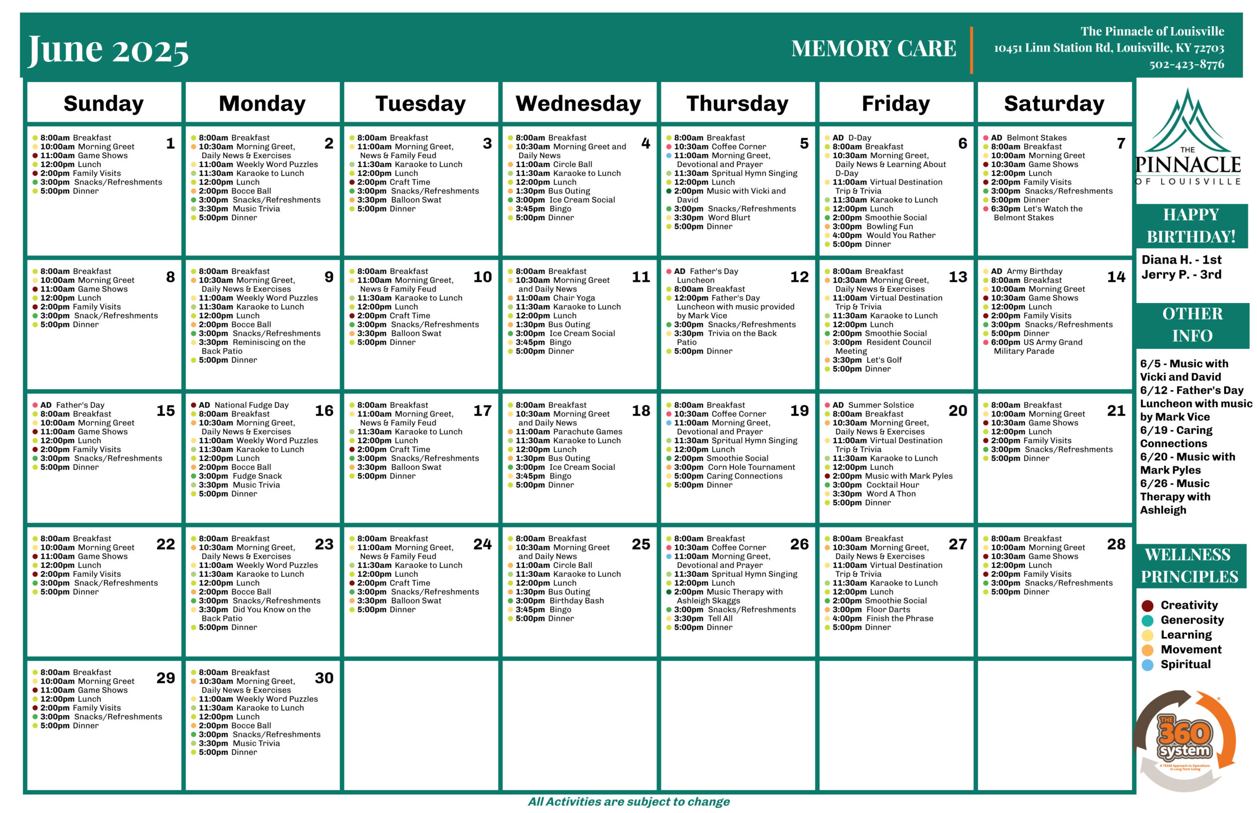 The Pinnacle of Louisville - Memory Care - Events Calendar