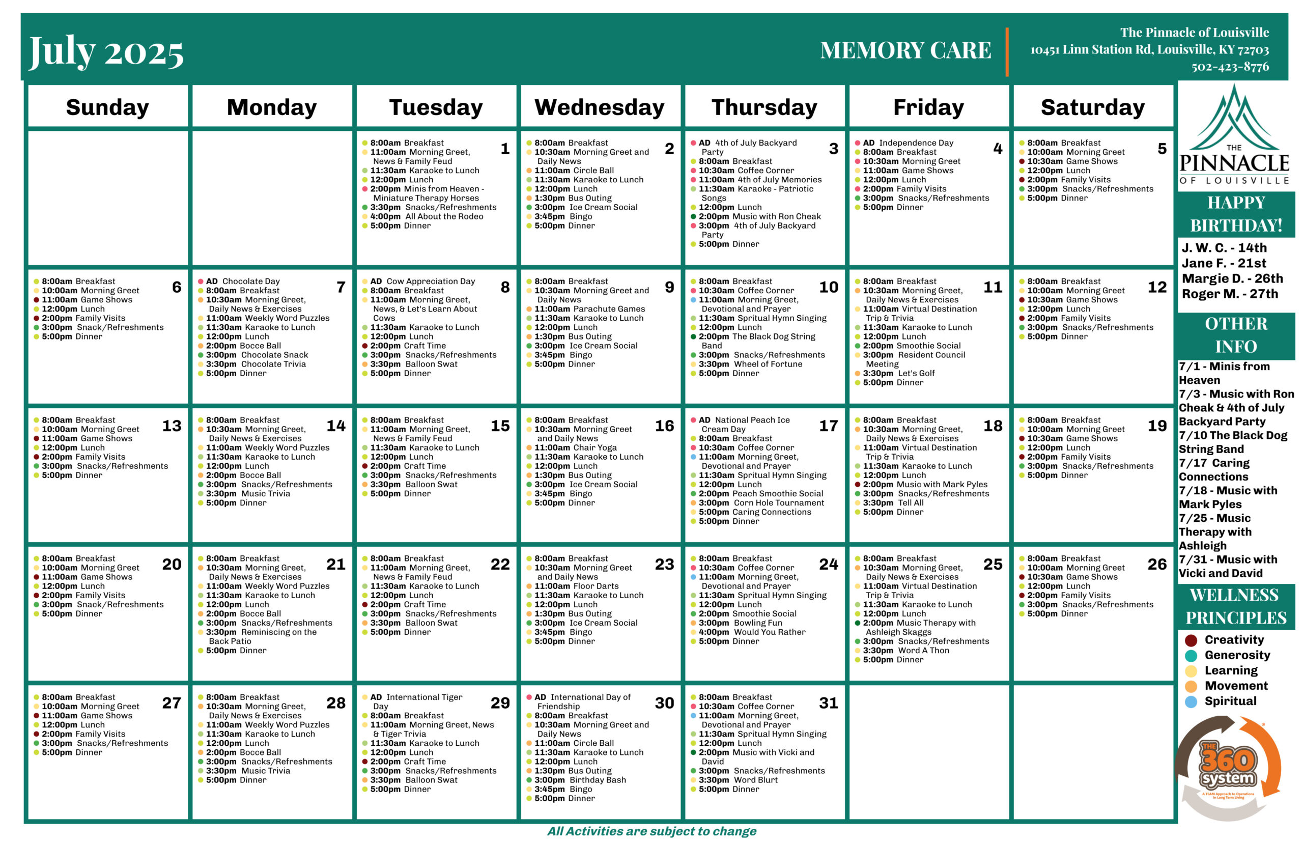 The Pinnacle of Louisville - Memory Care - Events Calendar