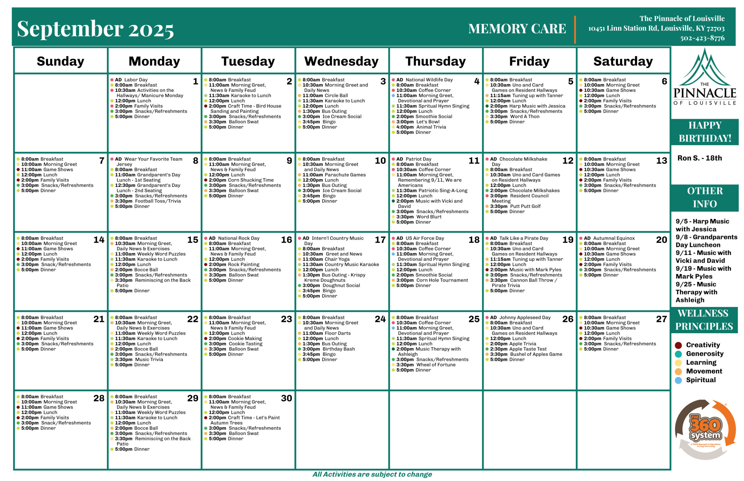 The Pinnacle of Louisville - Memory Care - Events Calendar