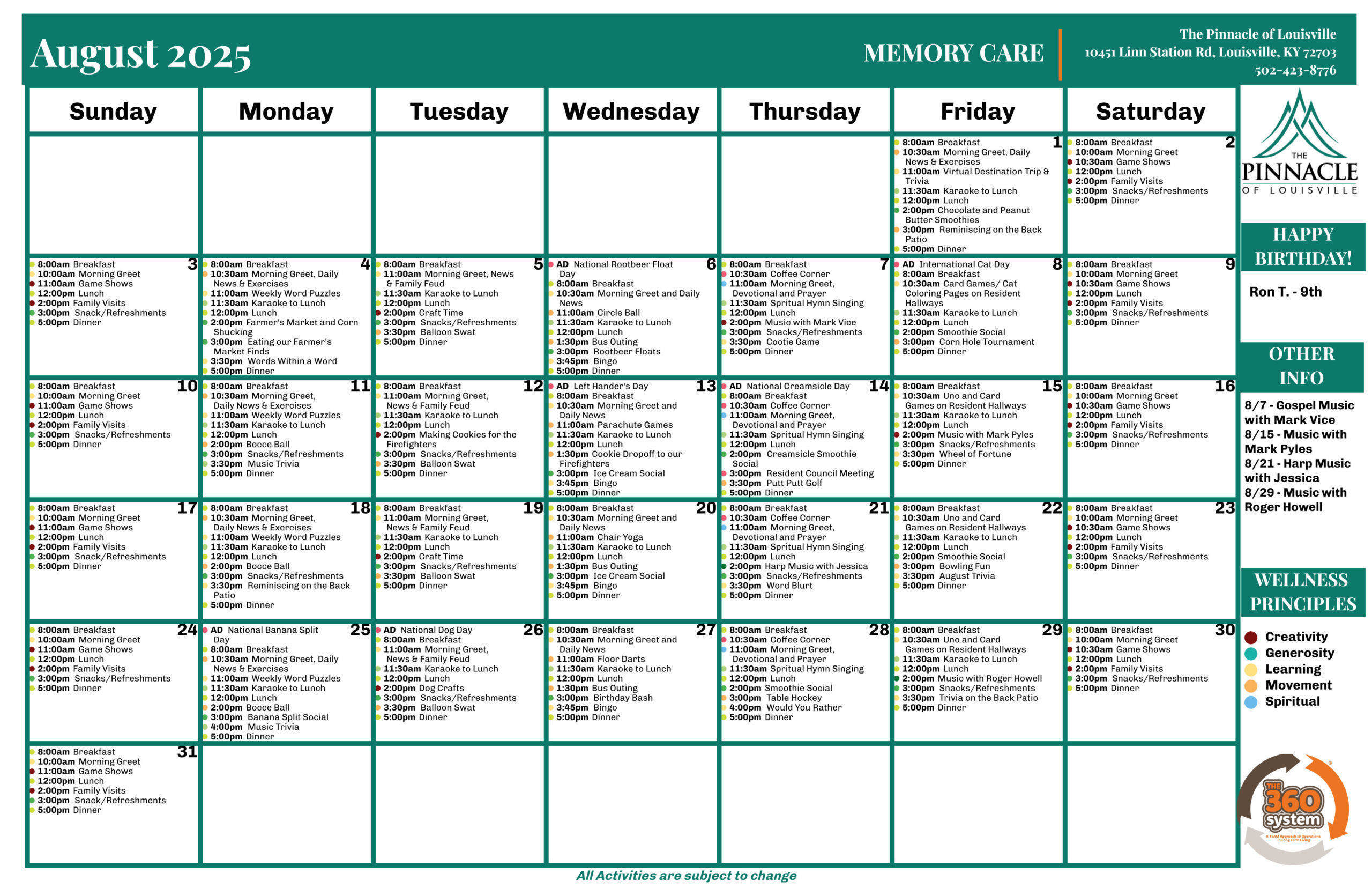 The Pinnacle of Louisville - Memory Care - Events Calendar