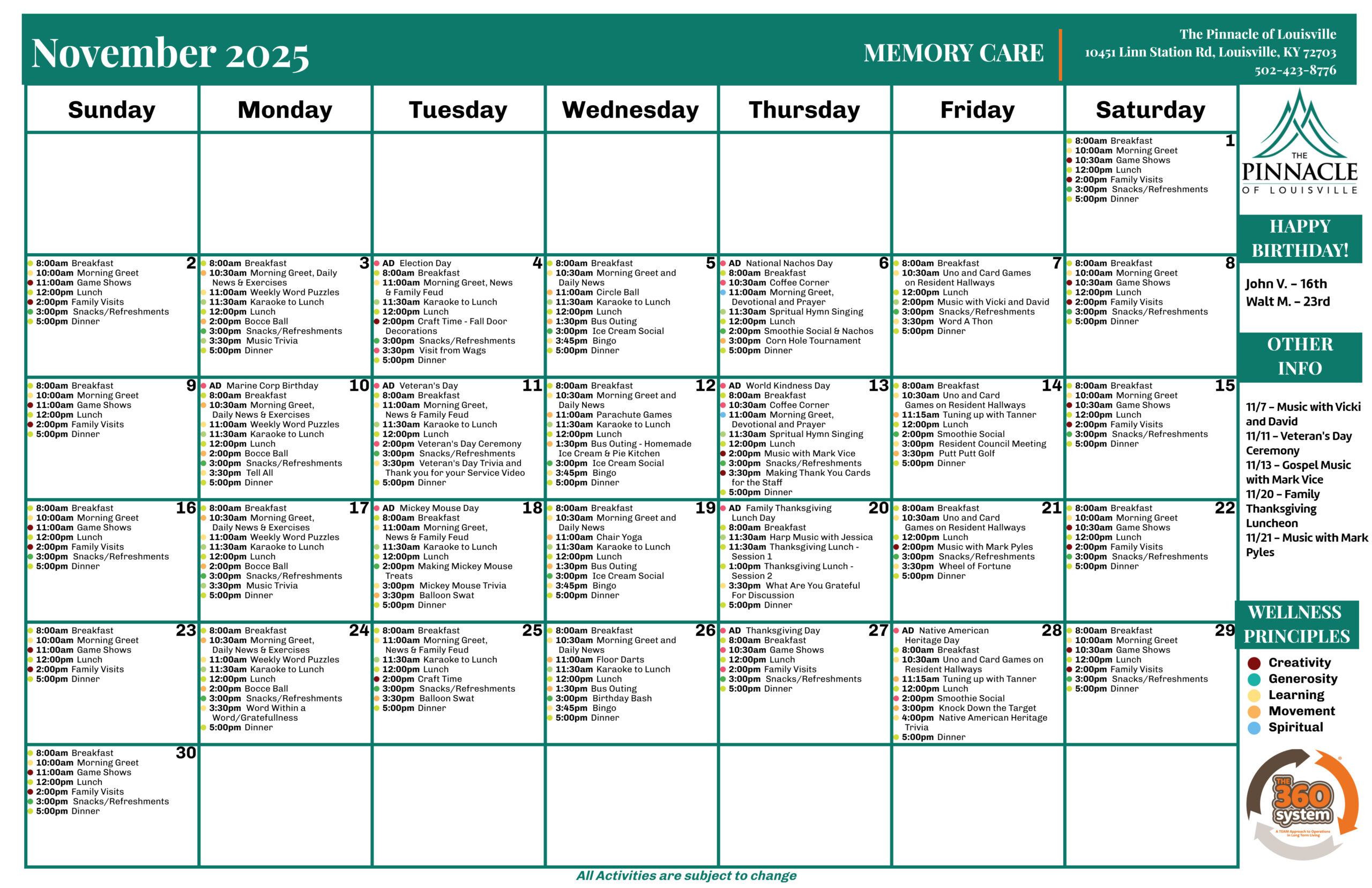 The Pinnacle of Louisville - Memory Care - Events Calendar